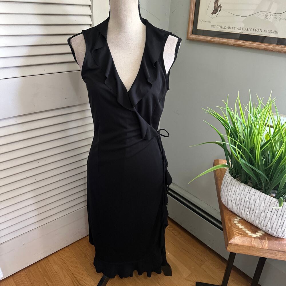 J Crew Dress Womens Medium Black Wrap Midi Dainty Ruffle Trim Minimalist Classic